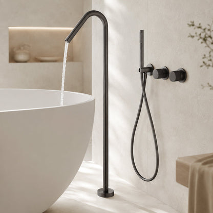 Floor-Mounted Bathtub Faucet with Concealed Controls and Handheld Shower