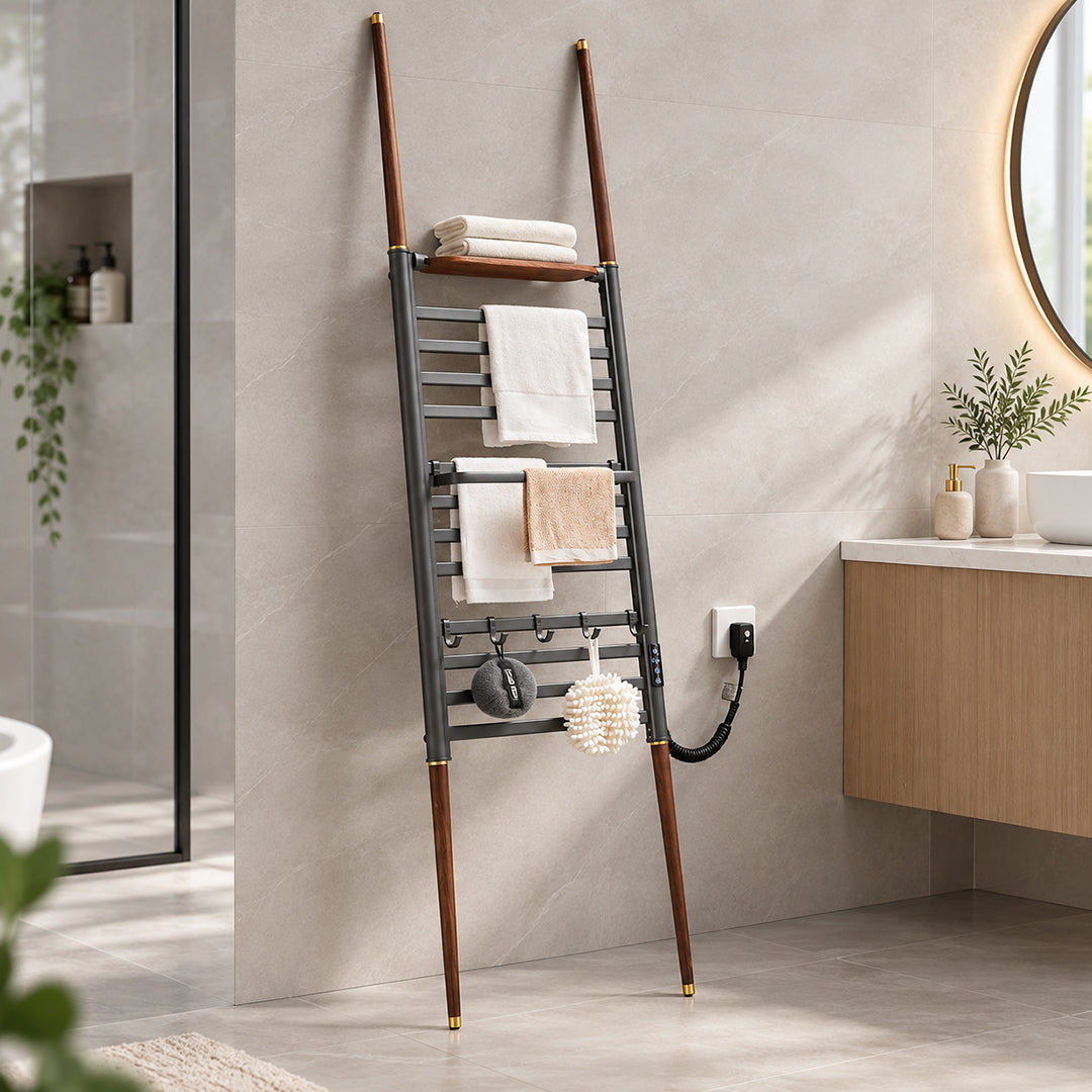 Walnut Wood Ladder Heated Towel Rack with Shelf & Hooks