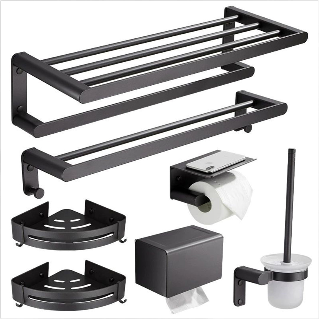 Black Wall-Mounted Bathroom Hardware Set with Towel Racks, Corner Shelves & Toilet Accessories