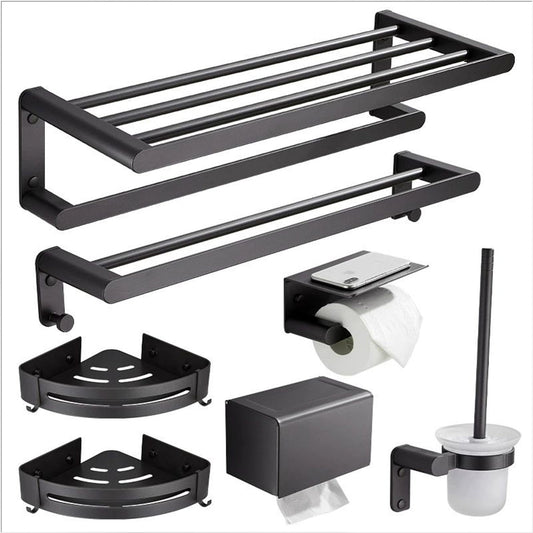 Black Wall-Mounted Bathroom Hardware Set with Towel Racks, Corner Shelves & Toilet Accessories