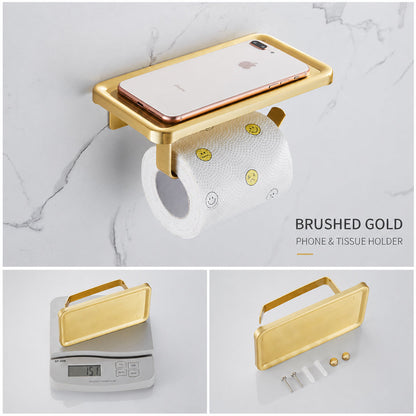 Wall Mounted Bruhsed Gold Bathroom Hardware Set with Towel Rack, Hooks & Toilet Paper Holder