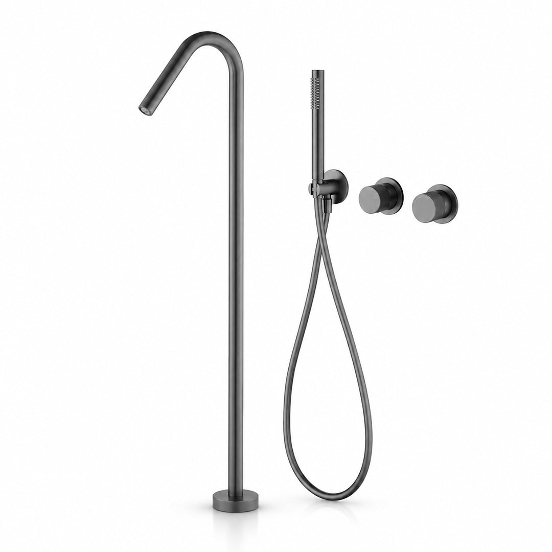 Floor-Mounted Bathtub Faucet with Concealed Controls and Handheld Shower