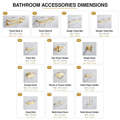 Wall Mounted Bruhsed Gold Bathroom Hardware Set with Towel Rack, Hooks & Toilet Paper Holder