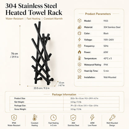 Modern Branch-Style Electric Heated Towel Rack – Matte Black