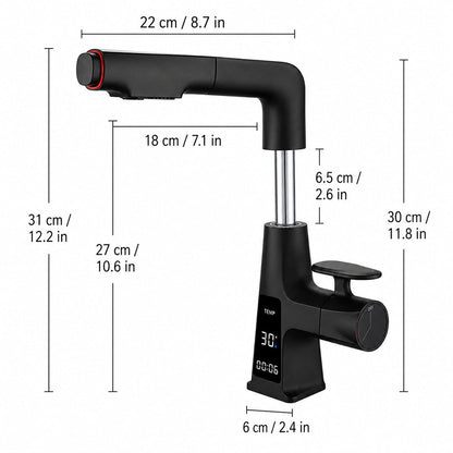 Digital Display Pull-Out Bathroom Sink Faucet with Dual Spray Modes