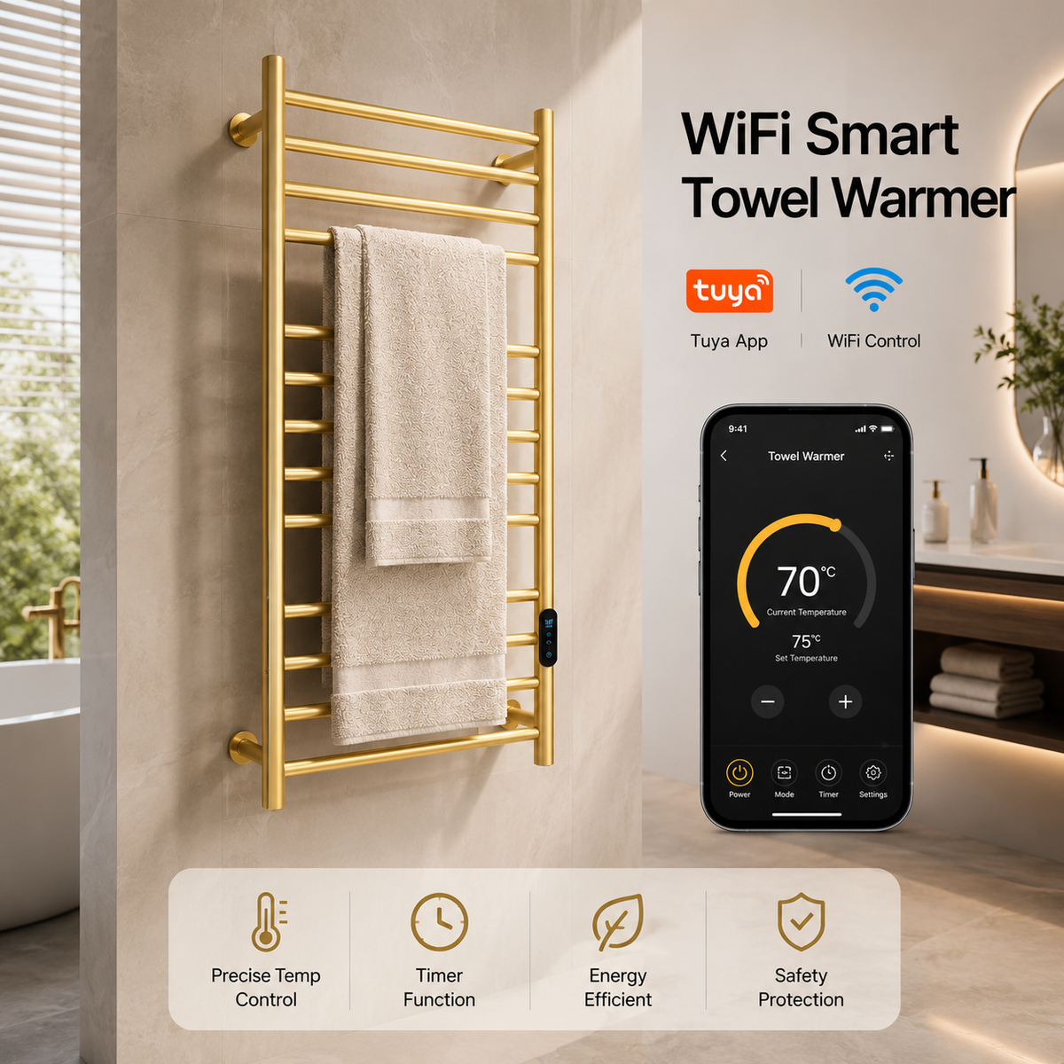 Luxury Smart Electric Heated Towel Rack with Digital Temperature Control – Modern Wall Mounted Bathroom Towel Warmer
