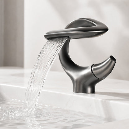 Brass Waterfall Bathroom Sink Faucet with Sculptural Design