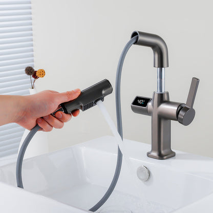 Digital Temperature Display Pull-Out Bathroom Faucet with Handheld Sprayer