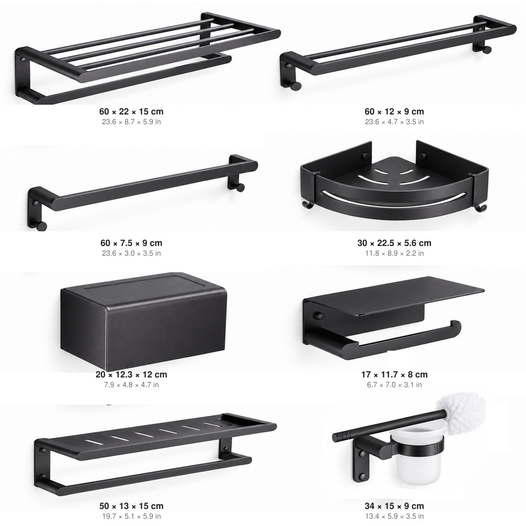 Black Wall-Mounted Bathroom Hardware Set with Towel Racks, Corner Shelves & Toilet Accessories