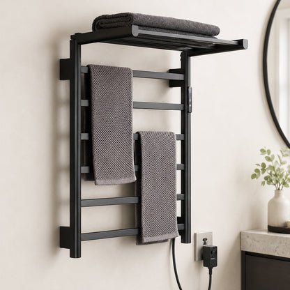 Stainless Steel Foldable Heated Towel Rack with Top Shelf, Timer & Temperature Control